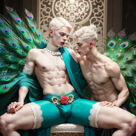 (evil albino lathy androgynous male, Peacock King, thin neck, frail shoulders, weak arms, flat chest, soft belly, curvy hips, male crotch, massive buttocks, thick thighs, peacock tail, depraved homosexual, cradle robber, queer, his victim strangles his fra...