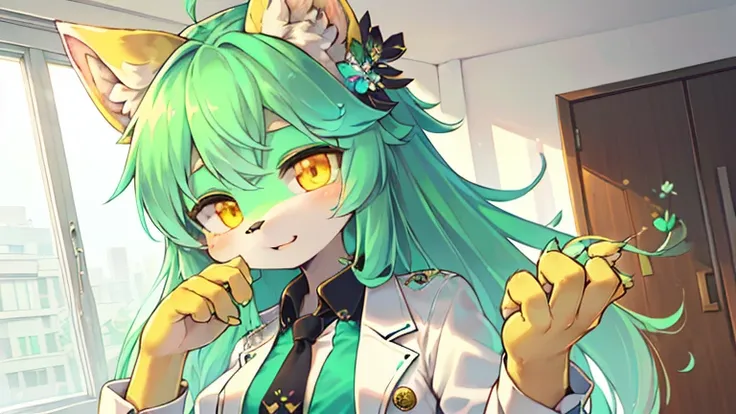 beautiful (furry wolf girl), (small breasts), ((detailed features)), ((detailed fingers, precise fingers,)) (((not unnatural hands))), natural pose, illustration, vibrant colours, apartment interior, 1 girl, solo, ((mint green coloured poofy hair)), flower...