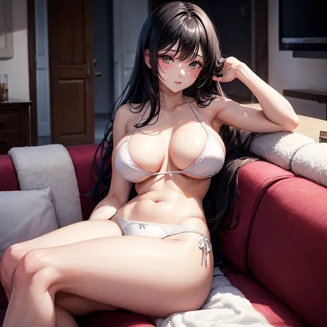 Beautiful woman in bikini sleeping on the sofa、beautiful woman、cute、white fluffy underwear、big breasts、beautiful thighs、thin thighs、long black hair、inside the room、