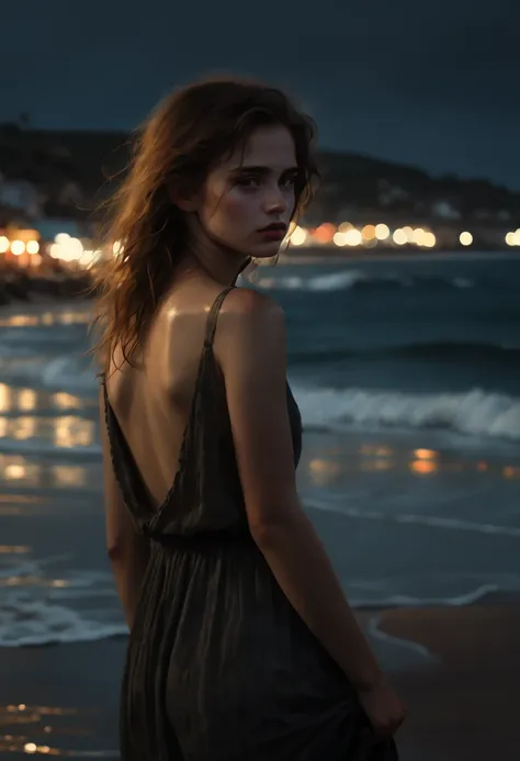 a girl by the sea, by Casey Baugh, summer night, (High detail, photograph, realistic), (best quality, masterpiece, Representative work, official art, Professional, 8k:1.3)