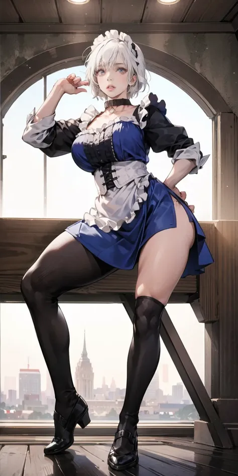 White hair , short hair, pinched eyes, (big-:1.5), Thin legs, thin body, leather collar, Maid outfit victorian, dynamic pose, full body, view from below, wide hips, kneel
