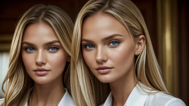 Very detailed photo of a young, beautiful girl of 25 years. She looks like Romee Strijd plus Candice Swanepoel. Also  she has some characteristics of a Ukrainian woman, has plump juicy lips, detailed eyes, detailed lips.  Has big blue eyes.  Hair is straig...