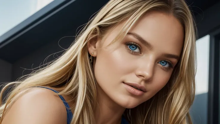 Very detailed photo of a young, beautiful girl of 25 years. She looks like Romee Strijd plus Candice Swanepoel. Also  she has some characteristics of a Ukrainian woman, has plump juicy lips, detailed eyes, detailed lips.  Has big blue eyes.  Hair is straig...