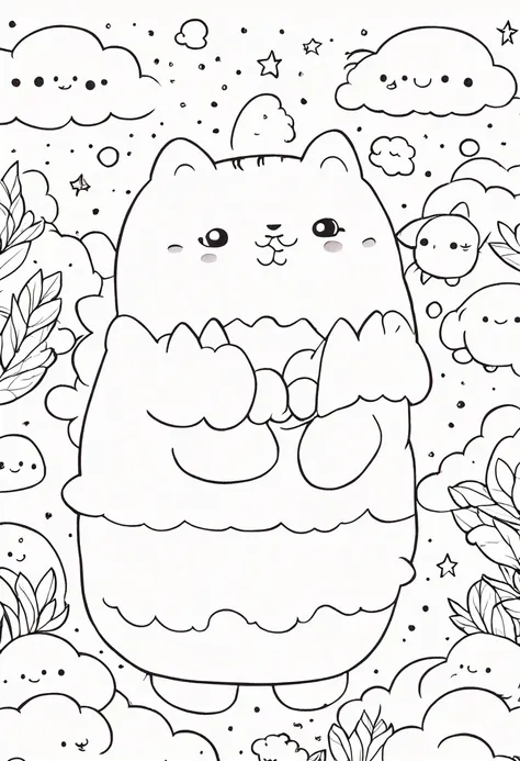 Squishmallow coloring pages featuring a cozy scene with adorable characters, soft pastel shades accentuating their plushy forms, set against a background of fluffy clouds and stars, Illustration, colored pencils on textured paper, --ar 16:9 --v 5