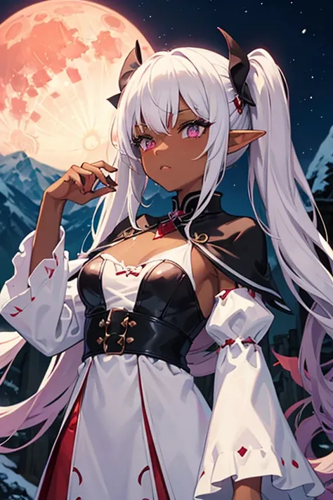 (Drowgirl) ,Girl (small breasts),(Tanned1.5), (dark brown skin), (two different eye colors purple and red), snow, mountains in the background, castle in the mountain, cold, snowflakes, long white hair, (big blood moon 1.5), Mage dress,black dress, (long el...