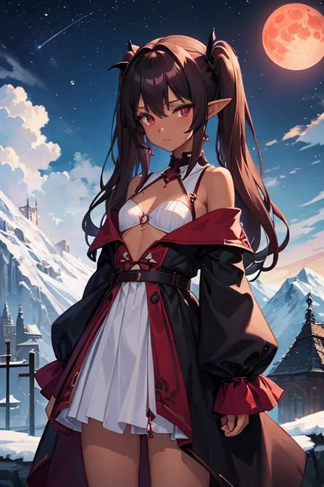 (Drowgirl) ,Girl (small breasts),(Tanned1.5), (dark brown skin), (two different eye colors purple and red), snow, mountains in the background, castle in the mountain, cold, snowflakes, long white hair, (big blood moon 1.5), Mage dress,black dress, (long el...