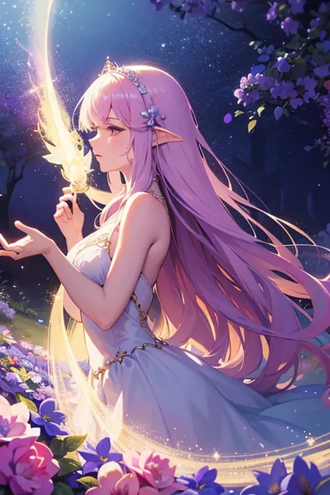 best quality, portrait, fantasy, ethereal, enchanted garden, magical atmosphere, vibrant colors, soft lighting, delicate features, long flowing hair, elegant pose, mystical elements, floral elements, sparkling stars, dreamlike ambiance