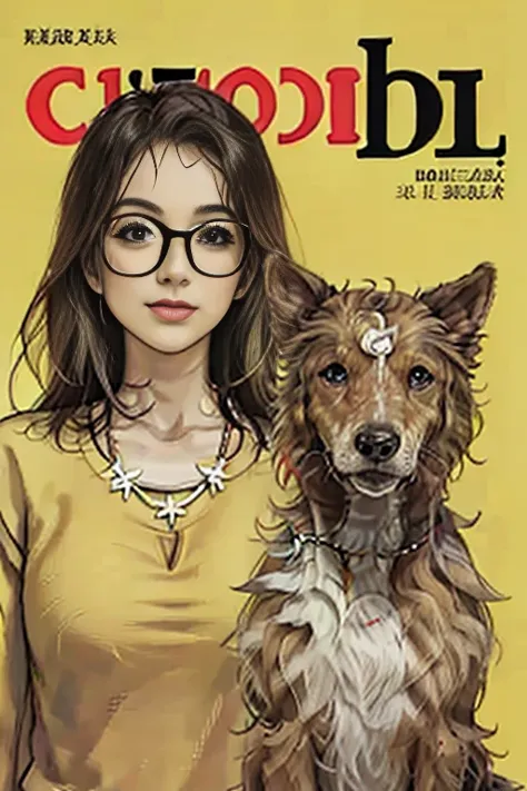 collie dog magazine cover with hawaiian floral style open unbuttoned t-shirt, wearing seed necklace around neck, wearing 3-glass...