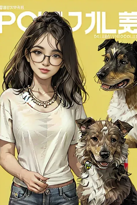  Collie dog magazine cover with Hawaiian floral style open unbuttoned t-shirt, wearing seed necklace around neck, wearing 3-glasses art fold, melhor qualidade, , ar livre, 