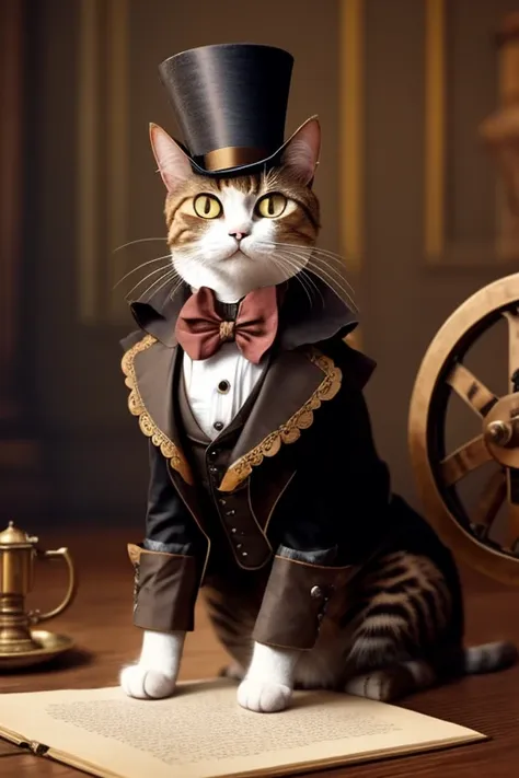 cat with a top-hat over one ear, victorian era charm, steampunk style clothing, arguing with suited people around a table, hissi...