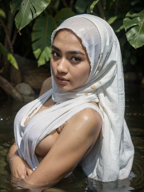 RAW, Best quality, high resolution, Masterpiece: 1.3), Beautiful Malay woman in hijab,Masterpiece, best quality,8k, brown eyes, perfect eyes,Imagine the Malay girl in hijab in tropical river, washing big cucumber, wear white transparance cloth.