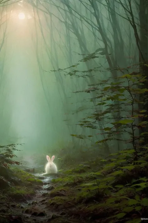 （Rained），rained，Close-up photo of a white rabbit in the Enchanted Forest，deep in the night，In the forest，Contre-Jour，glowworm，volume fog，Halo，blooms，Dramatic atmosphere，at centre，the rule of thirds，200 mm 1.4F macro shooting