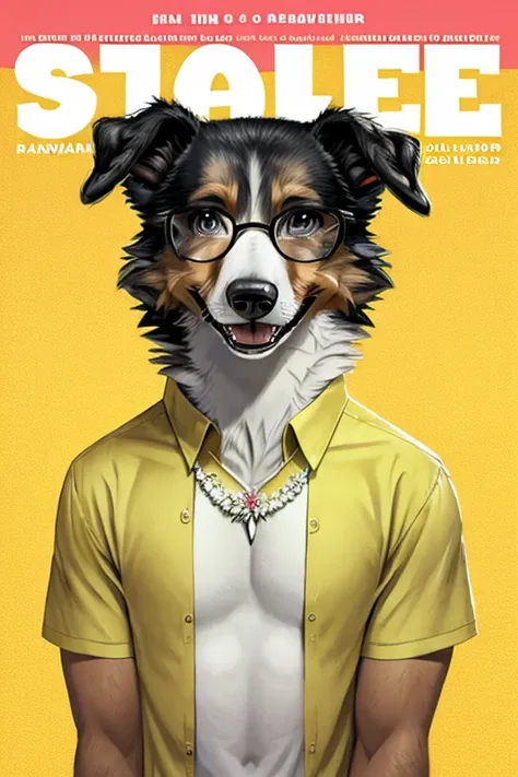  Collie dog magazine cover with Hawaiian floral style open unbuttoned t-shirt, wearing seed necklace around neck, wearing 3-glasses art fold, melhor qualidade, , ar livre, 