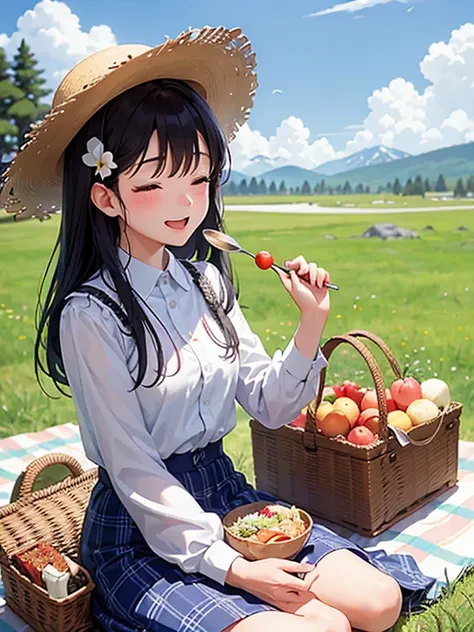 chahua, picnic, 2girls, outdoors, hat, black hair, food, tree, open mouth, grass, shirt, sky, smile, closed eyes, white headwear, flower, cloud, sitting, long hair, holding, blush, blurry foreground, spoon, blurry, mountainous horizon, blue sky, plaid shir...