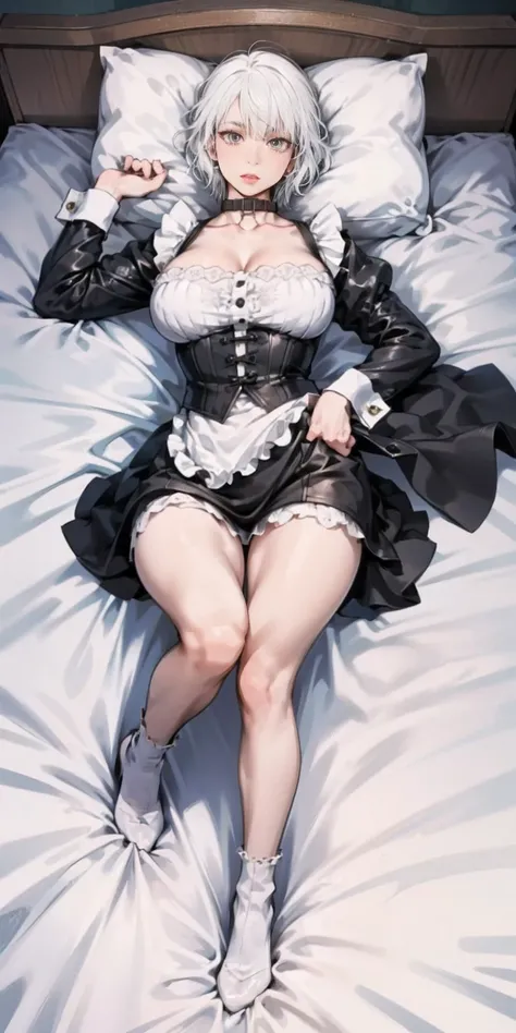 White hair , short hair, pinched eyes, (big-:1.5), Thin legs, thin body, leather collar, Maid outfit victorian, dynamic pose, full body, view from below, wide hips, kneel on the sheet in bed
