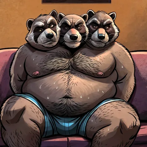 solo, two headed raccoon, identical:1.9, obese, frown, tired, by Dramamine, male, old, hairy chest, living room background, sitting on couch, short grey hair, bald, thick grey mustache, sweaty, old, frowning, shirtless, athletic shorts