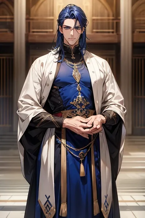 ((muste piece)), ((best quality)), ((brown skin)), ((dark blue eyes)), ((Dark blue hair))、handsome man , masculine、tall、sexy、Adult man、Three white eyes、handsome man、firmly、muscular、broad shoulders、wild、とてもwild、(((long gown))、 (highest quality), very detail...