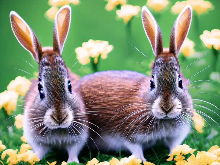 one rabbit looking straight at the camera in a meadow full of flowers, warm light