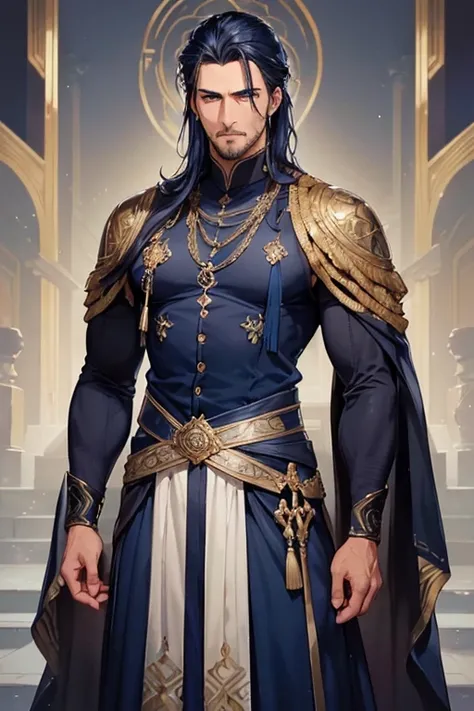 ((muste piece)), ((best quality)), ((brown skin)), ((dark blue eyes)), ((Dark blue hair))、handsome man , masculine、tall、sexy、Adult man、Three white eyes、handsome man、firmly、muscular、broad shoulders、wild、とてもwild、(((long gown))、 (highest quality), very detail...