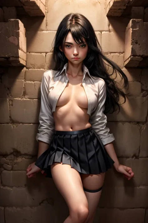 (full figure:1.1), (1 girl as yukino yukinoshita:1.5), highres, solo, (very small breasts:1.5), waist long black hair, (twintails:0.5), (pleated school miniskirt:1.5), (black thigh-high:1.5), (loose red ribbon:1.2), (cotton skirt:1.5), (unbuttoned white sh...