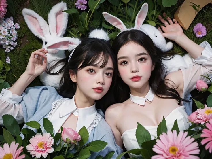 Portrait of bunnies, there are flowers around them, bunnies are looking straight at the camera, cute image, spring, cute digital image