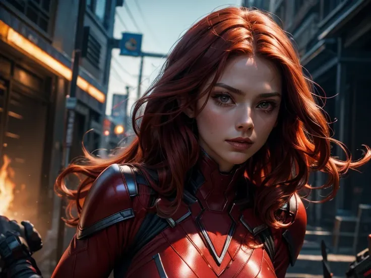 (best quality), (close-up), (headshot), beautiful shot of the scarlet witch from marvel comics (wavy red hair), using her power, (glowing red 1:1), wearing tight black body suit, HDR, 4k, UHD, 3D