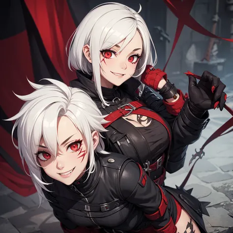 blacksurvival jackie quilt busty curvy fit short wild spikey white hair red eyes scars tattoos smiling 