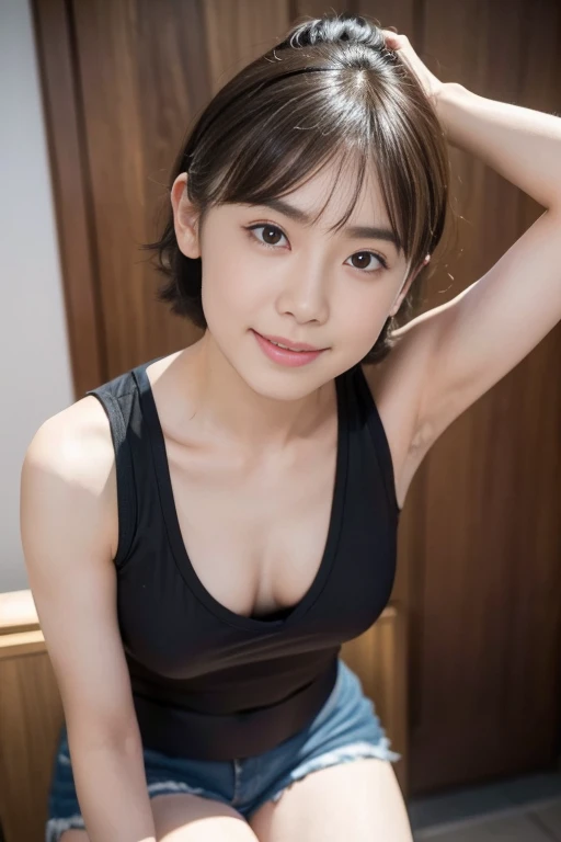 (Masseter muscle part:1.3)、(In 8K、Photoreal、Raw photo、highest quality: 1.4)、(1 girl)、beautiful face、(lifelike face)、(brown hair、short hair:1.1)、beautiful hairstyle、realistic eyes、beautiful details、（skin that looks real）、beautiful skin、bikini、flat breasts、n...