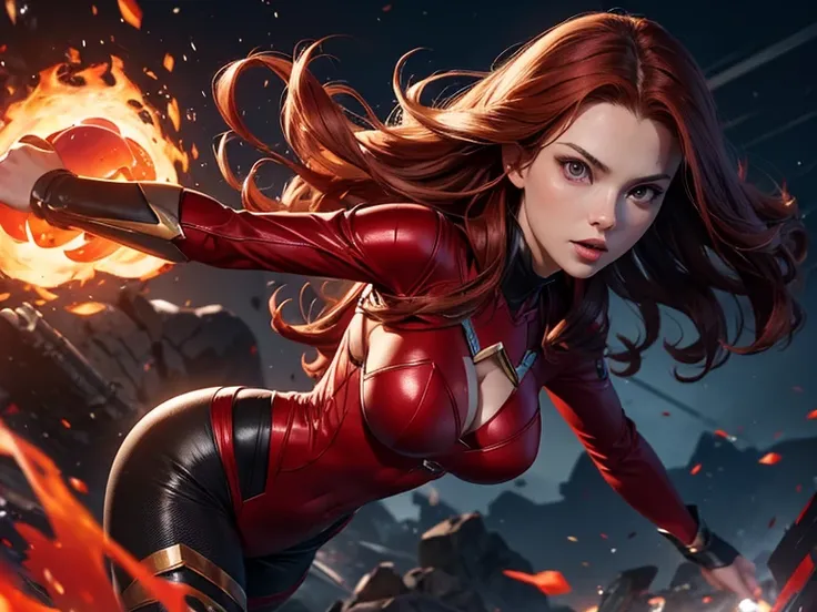 (best quality), (wide angle), (action shot), beautiful shot of the scarlet witch from marvel comics (wavy red hair), using her power, (glowing red 1:1), wearing tight black body suit, HDR, 4k, UHD, 3D