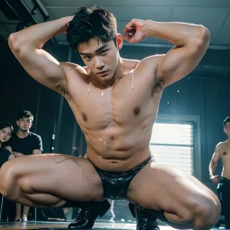 a shirtless go go boy is squatting with his legs opened and spread on the stage, he is raising is arms above his head and trying to seduce the viewer, nightclub bar scene, correct accurate male anatomy,  handsome face, (tight black leather harness around h...