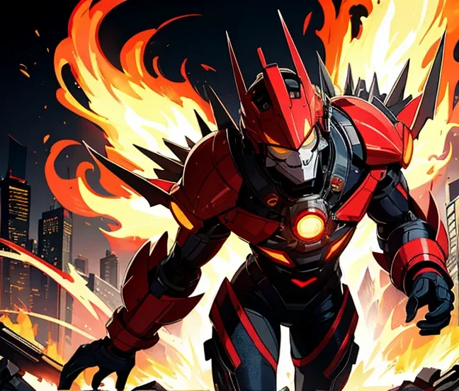 Male, 20s, pyro, crazy face, evil smile, high-tech suit, color scheme red, yellow, and white, fire coming out of hands, background is a burning city.