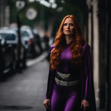 A woman with long ginger hair, wearing a purple catsuit, boots, with silver belt, lurew cape, mask on eyes, green eyes, hands on her hips, in dark background, color photo.