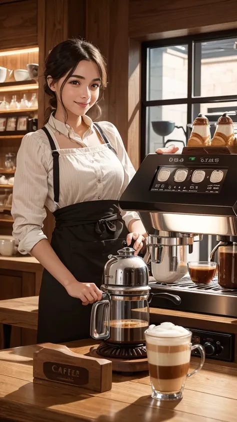 Camera with new style, Café setting, High-resolution picture.
(8K, RAW photo, top-quality, masterpiece)
A charming barista, in a stylish café, serves coffee with a warm smile. The intricately detailed photo showcases the rich colors of the café interior, f...