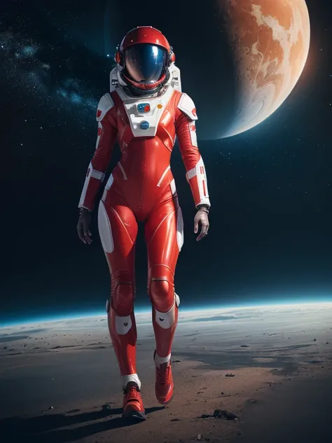 Super realistic image, high quality uhd 8K, of 1 girl, astronaut, realistically detailed, ((slim body, highly detailed)), (tall model), redhead, long ginger hair, highly detailed realistic skin, (tight red futuristic astronaut armor suit, astronaut futuris...