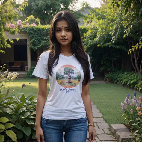 A beautiful Indian young girl wearing T-shirt and jeans standing in a beautiful garden