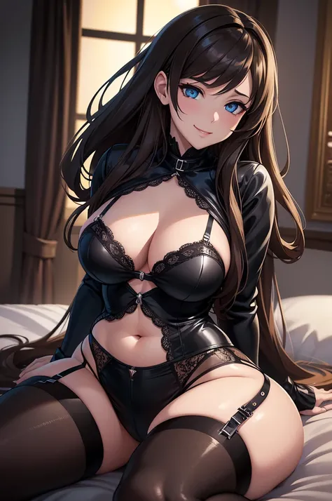 one Rebecca wearing black lingerie, long brown hair, blue eyes, seductive smile, dominatrix, [ 4 k digital art ]!!, seductive anime girl, deviantart artstation cgscosiety, trending on cgstation, 8k high quality detailed art, photorealistic anime girl rende...