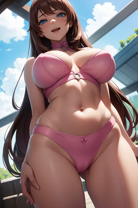 one Rebecca wearing a pink bikini, long brown hair, blue eyes, sexy hourglass figure, laughing sadistically, view from below her, [ 4 k digital art ]!!, seductive anime girl, deviantart artstation cgscosiety, trending on cgstation, 8k high quality detailed...