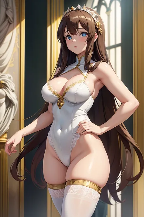 one Rebecca wearing white lingerie with gold accents, long brown hair, blue eyes, sexy hourglass figure, standing in the Sistine Chapel, [ 4 k digital art ]!!, seductive anime girl, deviantart artstation cgscosiety, trending on cgstation, 8k high quality d...