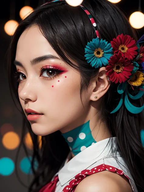 an abstract image of a japanese girl with colorful make up, colorful long hair, centered around polka dot theme