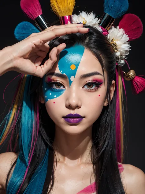 an abstract image of a japanese girl with colorful make up, colorful long hair, centered around polka dot theme