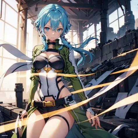 (Masterpiece, best quality, ultra detailed), (perfect anatomy, detailed beautiful soft skin:1.2, ), (enormous breasts, cleavage, cute hips, thin waist), (ultra detailed realistic soft breast skin texture:1.5, focus breast, closeup breast), sinon, sword art...