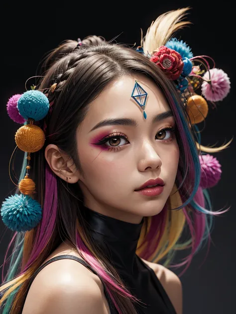 an abstract image of a beautiful japanese girl with colorful make up, colorful long hair, centered around geometric shapes