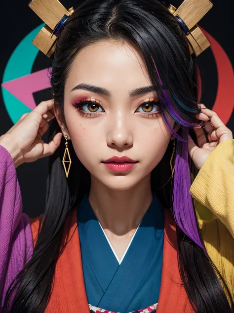 an abstract image of a beautiful japanese girl with colorful make up, colorful long hair, centered around geometric shapes