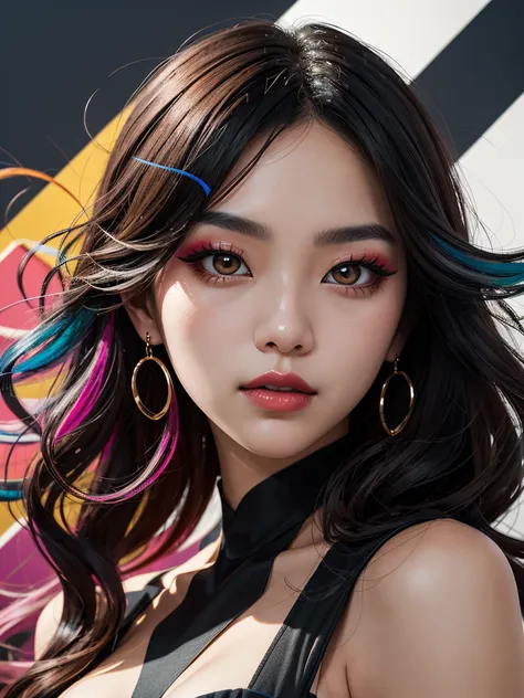 an abstract image of a beautiful Korean girl with colorful make up, colorful long hair, centered around geometric shapes