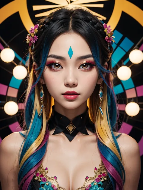 an abstract image of a beautiful Korean girl with colorful make up, colorful long hair, centered around geometric shapes