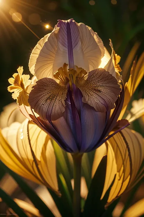 Am exquisite illustration of a IRIS flower, original digital artwork, ultra detailed, maximum quality, light particles, bokeh, shimmer, 16k, maximum resolution, golden hour lighting