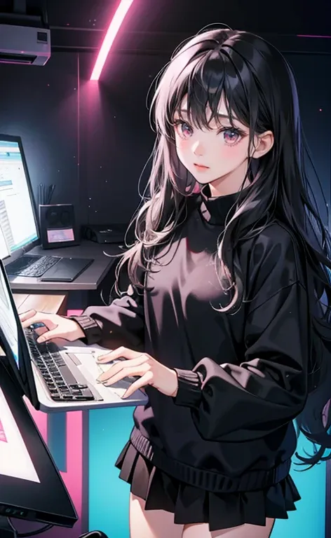 (8k, best quality, masterpiece),girl，Bangs，long black hair，wavy_hairs，Black Sweater，skirt，pink eyes，
Turn on the computer, the silver computer, and send this blue light，Corner，Sky，I only have 1,500 star coins left in my optical brain account，This is my onl...