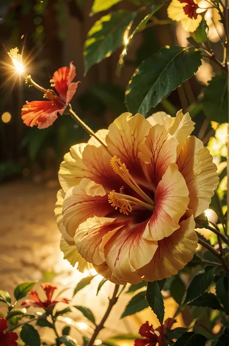 Am exquisite illustration of a HIBISCUS flower, original digital artwork, ultra detailed, maximum quality, light particles, bokeh, shimmer, 16k, maximum resolution, golden hour lighting