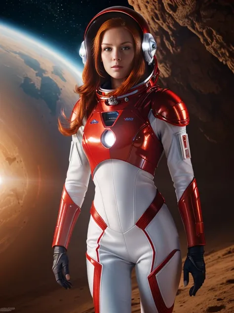 Super realistic image, high quality uhd 8K, of 1 girl, astronaut, realistically detailed, ((slim body, highly detailed)), (tall model), redhead, long ginger hair, highly detailed realistic skin, (tight red futuristic astronaut armor suit, astronaut futuris...