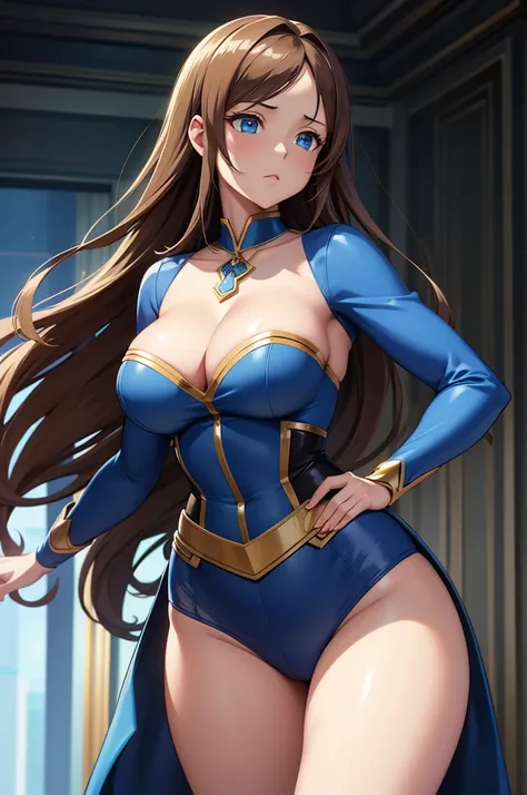 one Rebecca wearing blue clothes with gold accents, long light brown hair, blue eyes, sexy hourglass figure, standing in front of the wonder of the world Petra, [ 4 k digital art ]!!, seductive anime girl, deviantart artstation cgscosiety, trending on cgst...